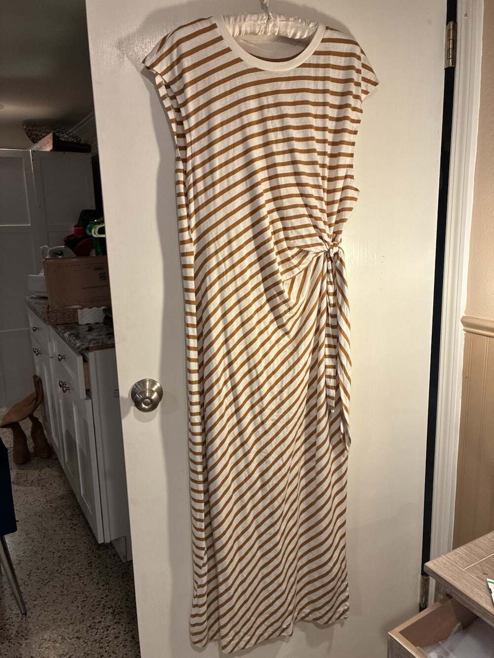 Daily Practice Tiebreaker Muscle-Sleeve Midi Dress Size L Brown White Striped